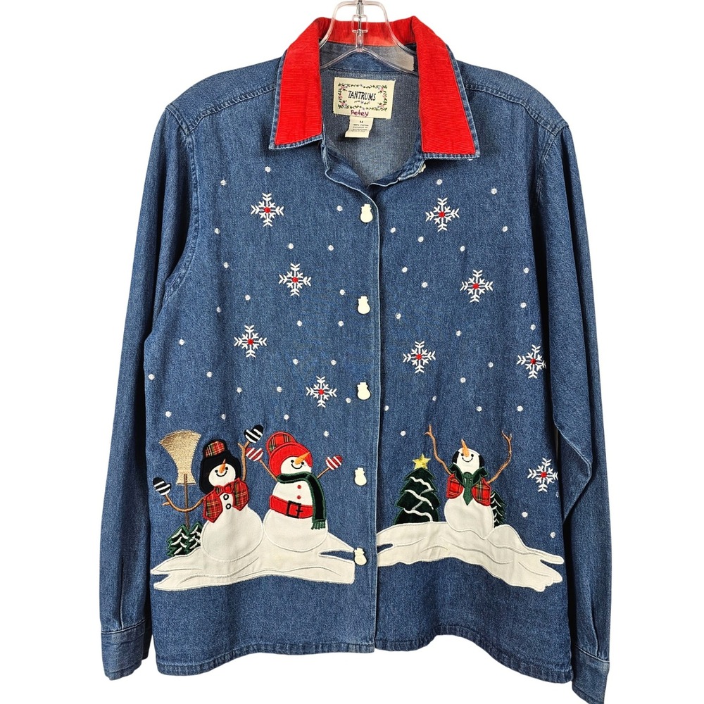 Vtg Tantrums Denim Shirt Womens M Snowman Embroidered Winter Holiday Novelty